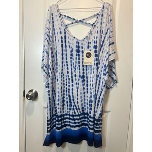 Dotti Tie Dye‎ Criss Cross Back Tunic Cover Up Swim Beach Blue White Size XL NWT